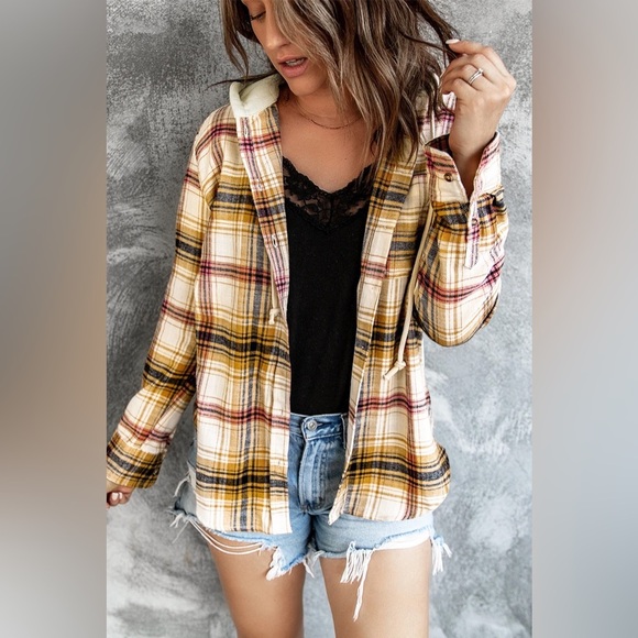 Plaid Button Up Hooded Jacket - Picture 1 of 4